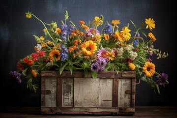 Vibrant flowers and daisies in a weathered container. Generative AI