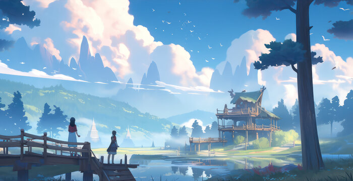 Beautiful landscape with lake view in digital art painting illustration style 