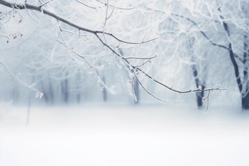 Blurry white snowy winter landscape with a sharp branch on one side of the photo.