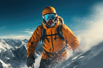Close-up of a boy in an orange ski jacket with ski goggles on a snowy mountain. - obrazy, fototapety, plakaty