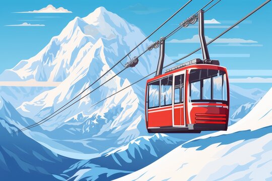 Illustration of a red ski lift for mountain skiers and snowboarders suspended in the air against the backdrop of snowy winter mountains and bright sunlight.