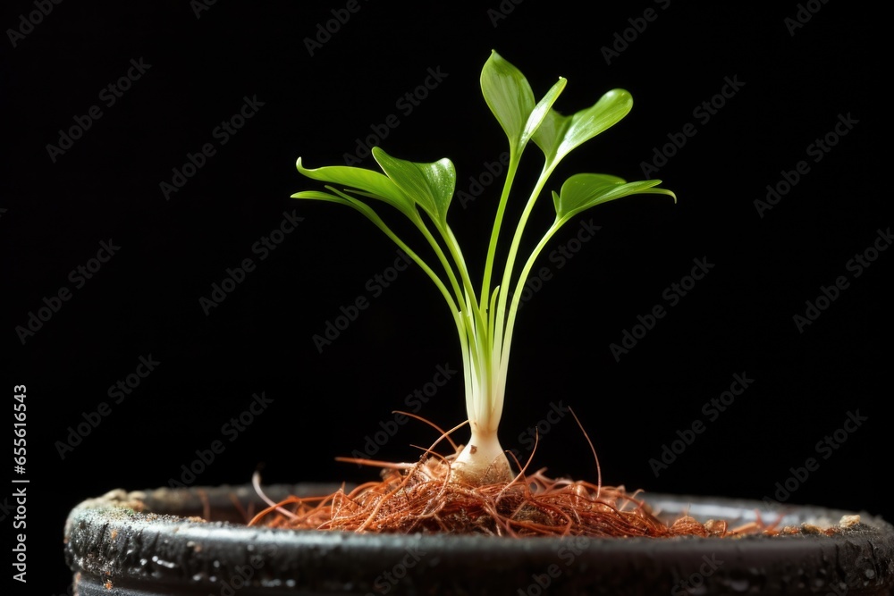 Poster close-up of an onion bulb sprouting green shoots in a pot