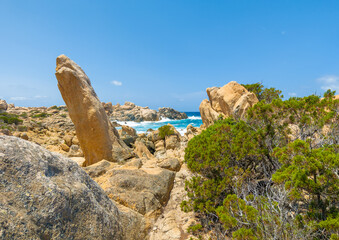 Corse (France) - Corsica is a big touristic french island in Mediterranean Sea, with beautiful beachs and mountains. Here a view of the Sentier du littoral from Campomoro
