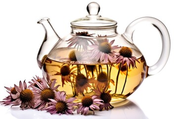 transparent teapot with echinacea tea on a white surface, with dried echinacea flowers - obrazy, fototapety, plakaty