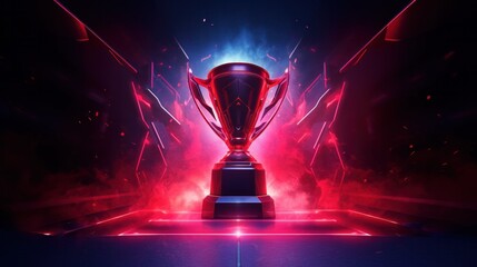 E-Sports winner trophy with red neon lights blurred background.