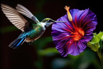 Obraz premium a multicolored hummingbird, wings blurred, feeding from a purple hibiscus