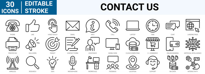 set of 30 line web icons Contact us. Support, message, phone, globe, point, chat, call, info. Collection of Outline Icons. Vector illustration.
