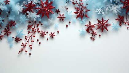 red christmas background. snow covered branches flat lay. winter background flat lat top view. christmas flat lay