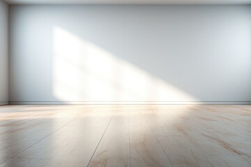 Empty white wall and smooth floor with interesting light glare Background. interior advertising. Generative AI.