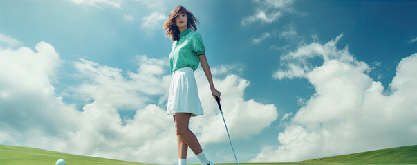 sporty woman golf player on the green golf field. panorama