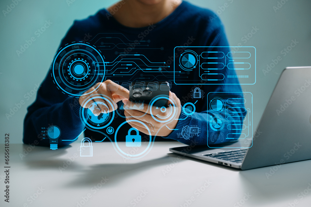 Wall mural cyber security data protection business working on compute intelligenc digital tablet global network
