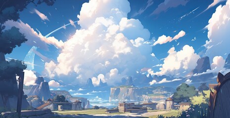 Lost land fantasy world with beautiful sky in digital art painting illustration  - obrazy, fototapety, plakaty