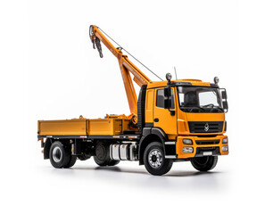 Yellow flatbed truck with crane arm. Car manipulator isolated on a white background