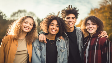 Fototapeta premium Hugging happy students of different nationalities, best friends. Multiracial concept. 