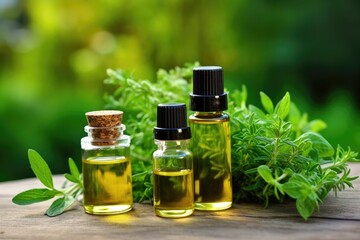 essential oil bottles against blurry green plant background