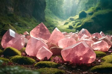 Group of Rose Quartz Crystal stones in the cave. Lucky stones. healing rocks. - obrazy, fototapety, plakaty