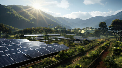 Solar panels in a field, green energy, a clean planet, and a solar panel farm, Generative AI