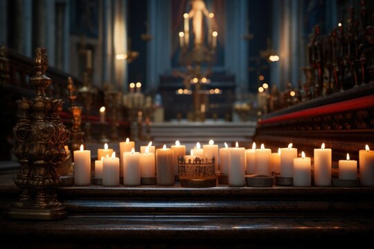 a lit candle array on an altar in a church