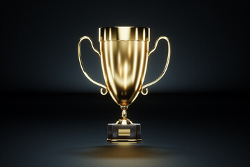 Gold award, winner's cup on a dark background. Concept winner, award, competition, show, competition, black and gold luxury style. 3D illustration, 3D render.
