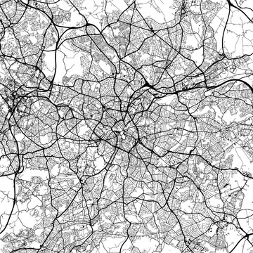 1:1 square aspect ratio vector road map of the city of  Birmingham in the United Kingdom with black roads on a white background.