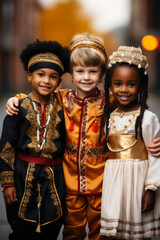 Naklejka premium Multicultural children in traditional attire holding hands on Human Solidarity Day 