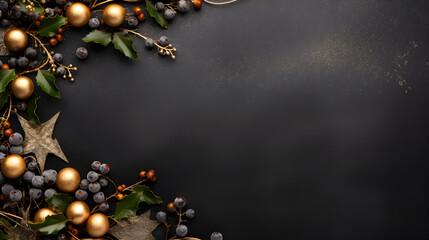 Christmas-themed borders in a rich, dark gold style. Features berries, leaves, and star decorations set against a deep black background. Elegant and festive, perfect for holiday designs. chrismas 