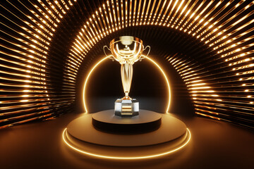 Gold award, winner's cup on the podium against a background of golden decorations. Concept winner, award, competition, show, competition, black and gold luxury style. 3D illustration, 3D render. - obrazy, fototapety, plakaty