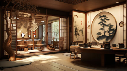 Traditional Japanese Reception Area with Decorative Noren Curtains