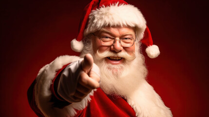 uśmiechnięty Święty Mikołaj w okularach wskazujący w ekran, izolowany na ciemnym tle, Boże Narodzenie smiling Santa Claus pointing at the screen, on a dark background, Christmas - AI Generated - obrazy, fototapety, plakaty