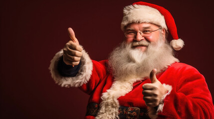 tradycyjny Święty Mikołaj z kciukami uniesionymi w górę, uśmiechnięty, izolowany na ciemnym tle, Boże Narodzenie - happy Santa Claus with thumbs up, isolated on dark background, Christmas AI Generated