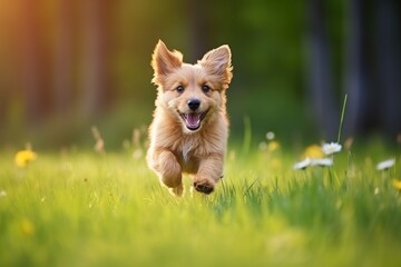 playful happy dog running, front view