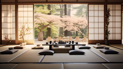 Japanese Meditation Room with Tatami Mats and Zabuton Pillows