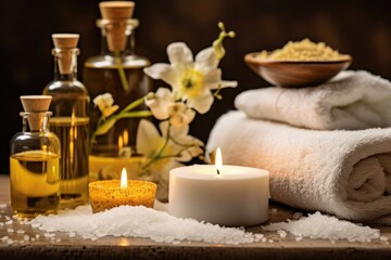 Obraz na płótnie Canvas spa items on a fluffy towel: candles, oils, bath salts