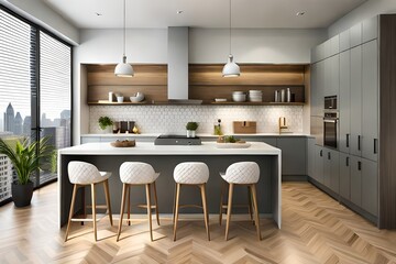 Kitchen with gray and white honeycomb wall tiles and wooden worktops