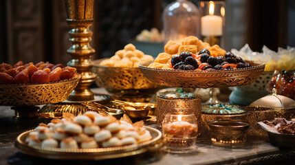 Sweet Traditional Arabic Desserts with Pastries and Ornate Silver Trays - obrazy, fototapety, plakaty