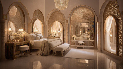Elegant Arabic Style Bridal Suite and Lavishly Decorated Furniture with Ornate Mirror