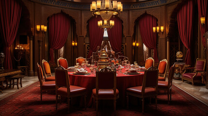 Fototapeta na wymiar Luxurious Arabic-style Dining Room with Large Round table and Soft Seating