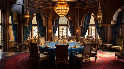 Luxurious Arabic-style Dining Room with Large Round table and Soft Seating - obrazy, fototapety, plakaty