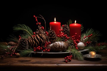 pine boughs arranged into a winter-themed centerpiece