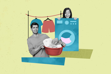 3d retro abstract creative artwork template collage of funny young female cleaner service washing machine doing laundry home tidy up