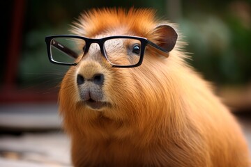 Clever funny capybara wearing eyeglasses on blurry background. cute capybara student with glasses Back to school concept. adorable pets. Education
