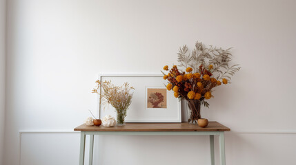 Vase with autumn flowers on a shelf in a room with white walls