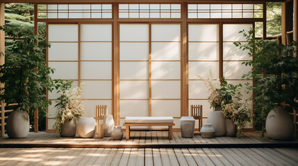 Japanese Living Room with Minimalist Interior and Shoji Scree, Tatami, Wooden Altar