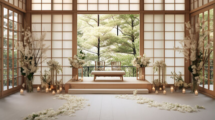 Japanese Living Room with Minimalist Interior and Shoji Scree, Tatami, Wooden Altar