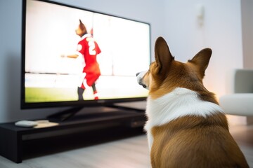 A corgi dog watching his favorite sports broadcast on TV. A pet imitating a human. Humanization of pets.