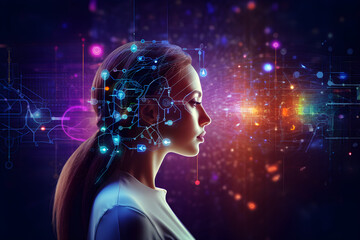 Datenstrom künstlicher Intelligenz, Hybrid, futuristische Frau, erstellt mit generativer KI - obrazy, fototapety, plakaty
