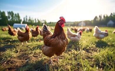 Hen with chickens outdoors on a pasture in the sun. Organic poultry farm. nature farming. - obrazy, fototapety, plakaty