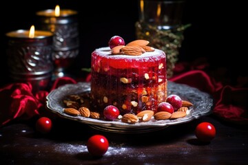 fruitcake topped with maraschino cherries and slivered almonds