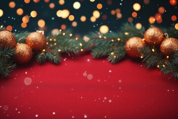 Christmas background with xmas tree and sparkle bokeh lights on red canvas background. Merry...