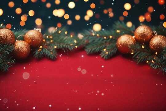 Christmas background with xmas tree and sparkle bokeh lights on red canvas background. Merry christmas card. Winter holiday theme. Happy New Year. Space for text. generative ai.